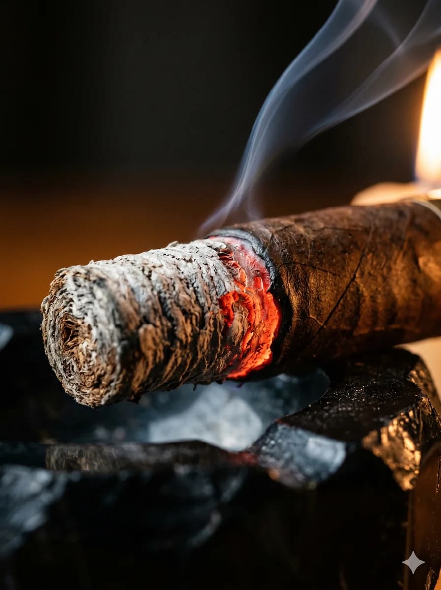 Brasa de charuto aceso no cinzeiro com notas de degustação