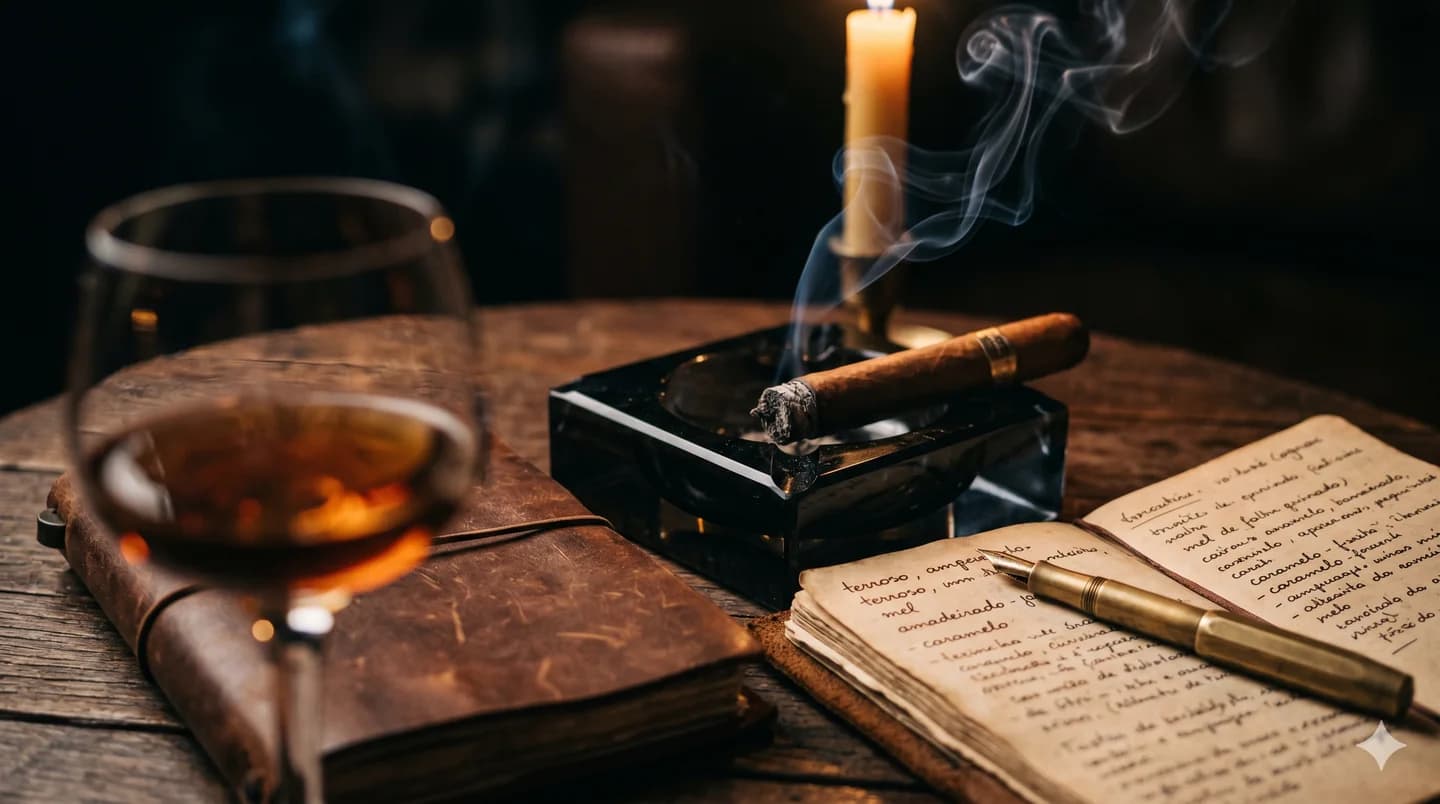 Charuto no cinzeiro com whisky e caderno de anotações